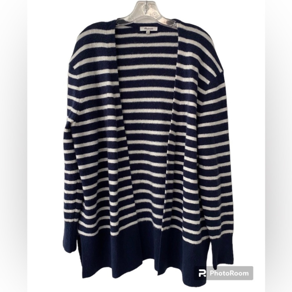 Madewell Cozy Walker Navy/White Striped Long Cardigan Size Medium Open F…
